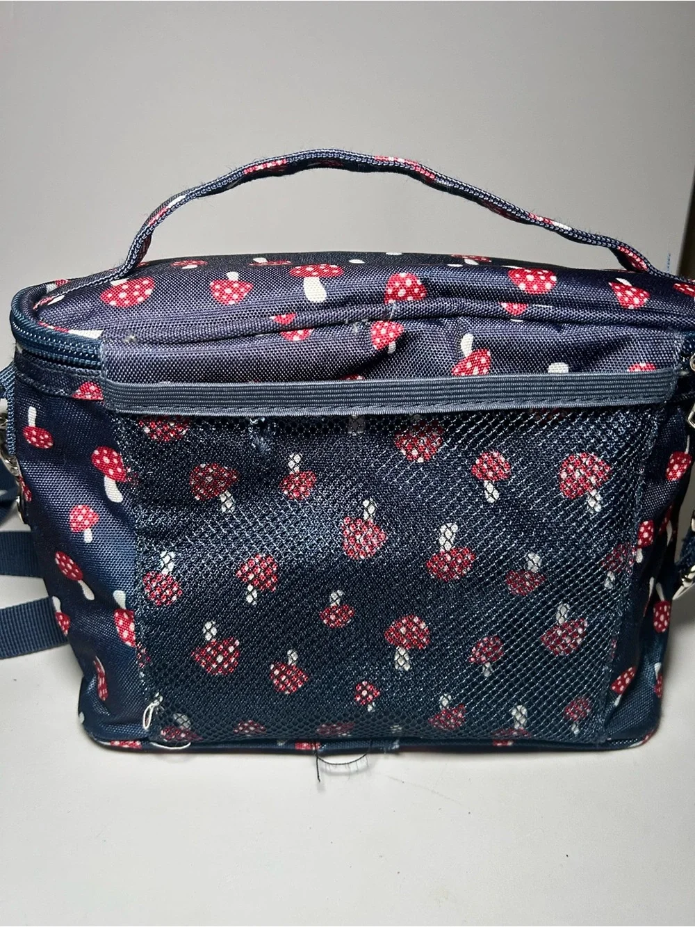 Navy Mushroom Print Insulated Crossbody Lunch Bag Casual Women's Shoulder Bag